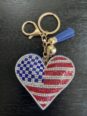 Patriotic Americana USA Flag Bag Charm Key Chain Crystal Puffy Heart & Tassel